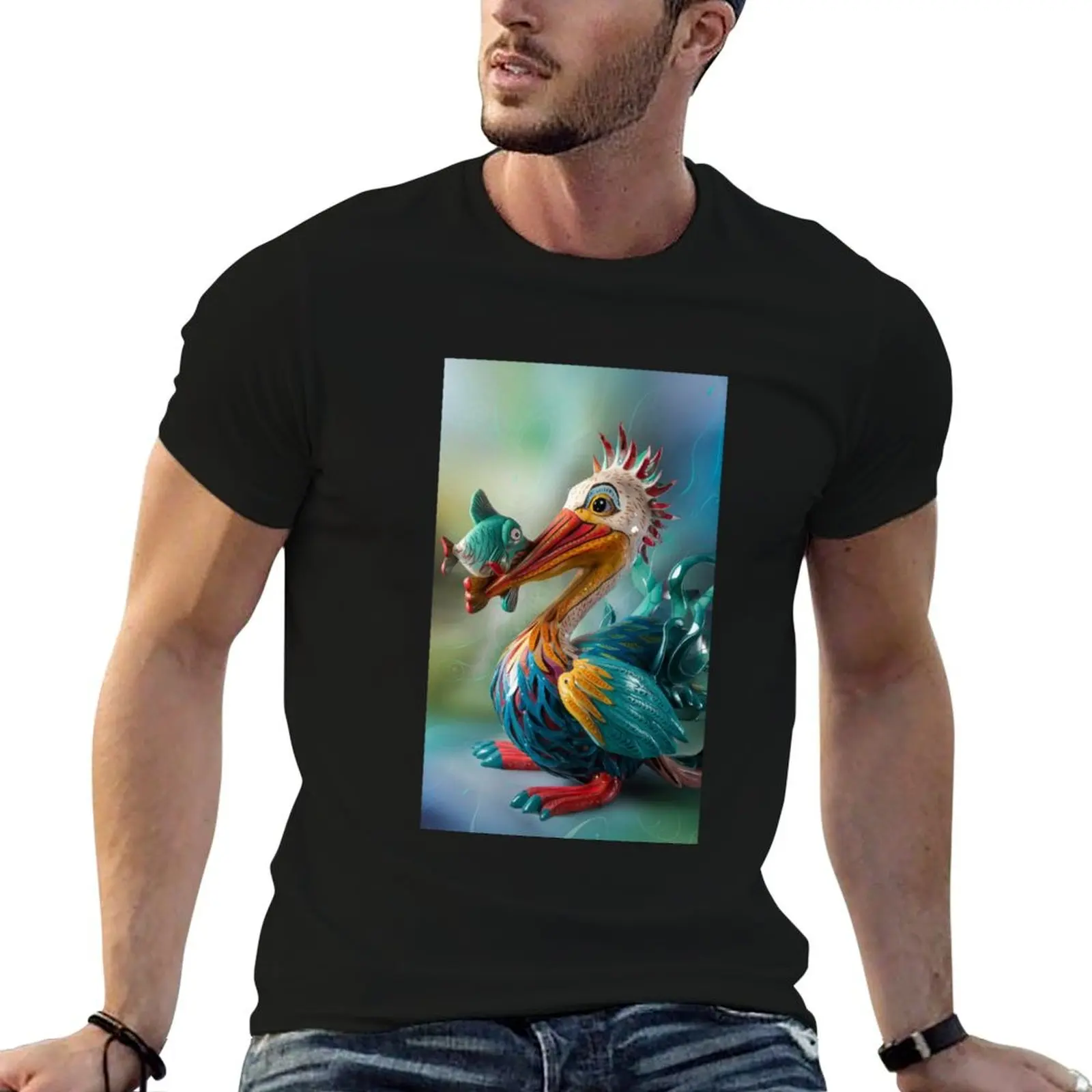 Pelican with Fish in Alebrijes Style T-Shirt Casual Soft Cotton Short Sleeve Tee