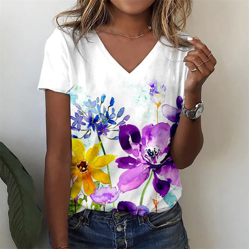 Summer Women T-Shirts 3D Butterfly Floral Print Short Sleeve V Neck Tee Large Size Women Girls Clothing Y3k T-Shirt Streetwear