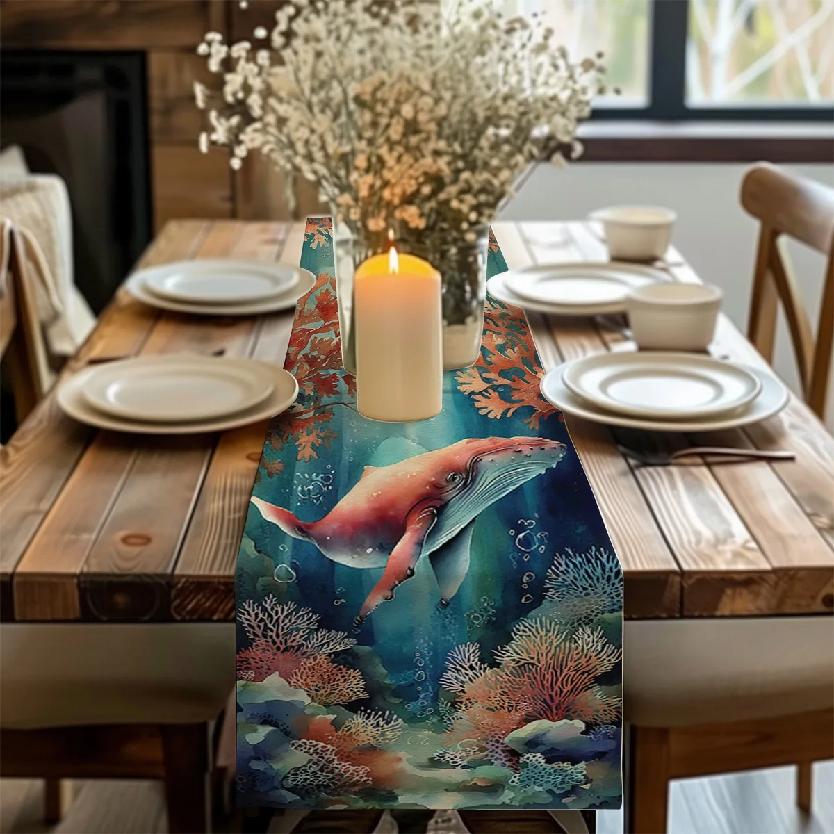 Dekor-Tischläufer, Ozeankoralle, Aquarell, Wal-Stil, bedruckt, Tischfahne für Hochzeit, Restaurant, Feiertag, Versammlung, Neujahr, Geburtstag