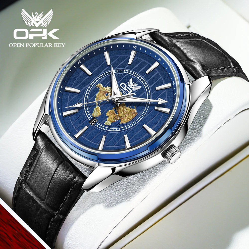 OPK 8155 Simple Quartz Movement Men Watch Leather Strap Daily Waterproof Large Dial Night Light Fashion Splash Watch For Men