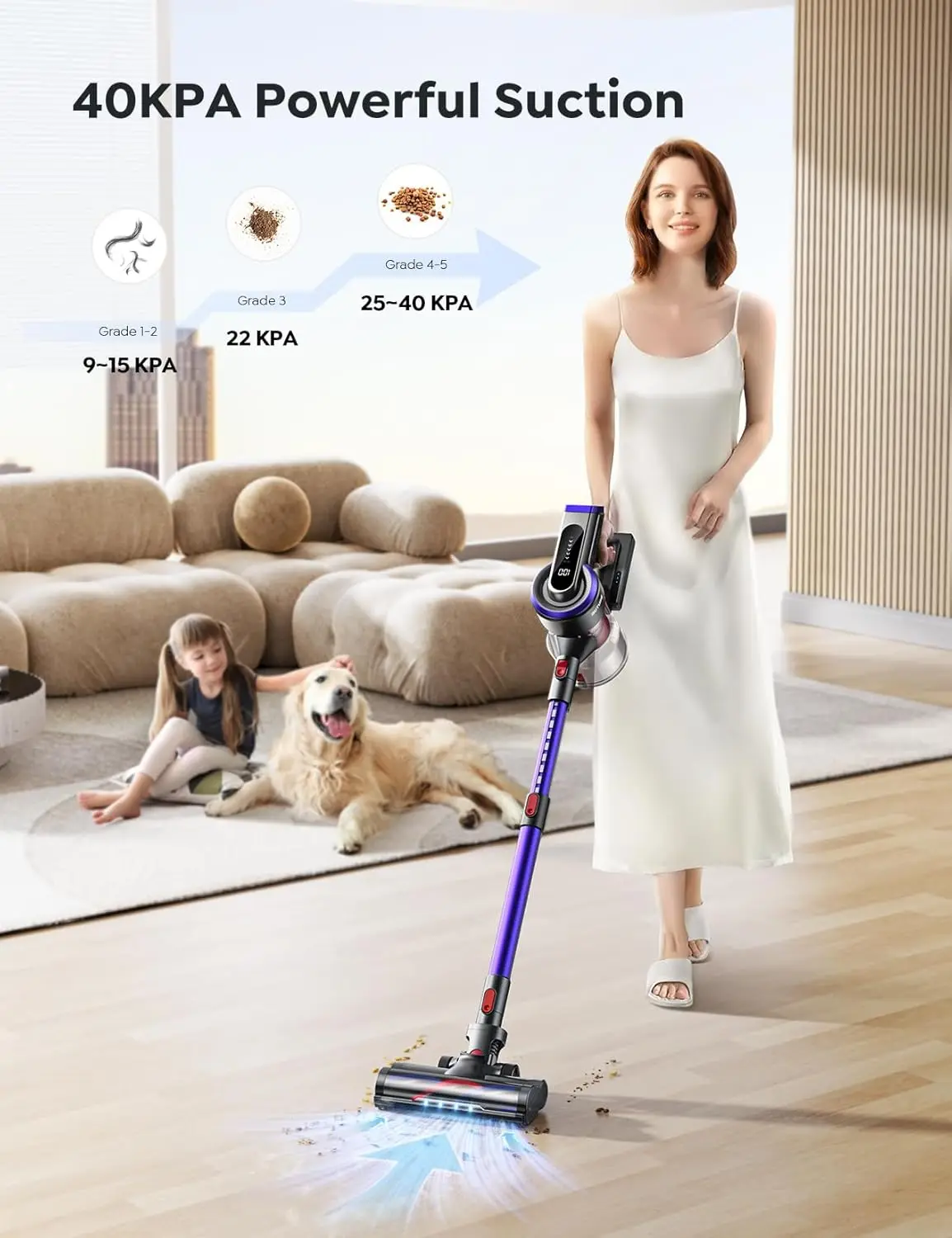 40Kpa Vacuum Cleaners for Home, Max 55Mins Anti-Tangle Stick Vacuum with Touch Display, Lightweight Handheld Vacuum Cleaner for