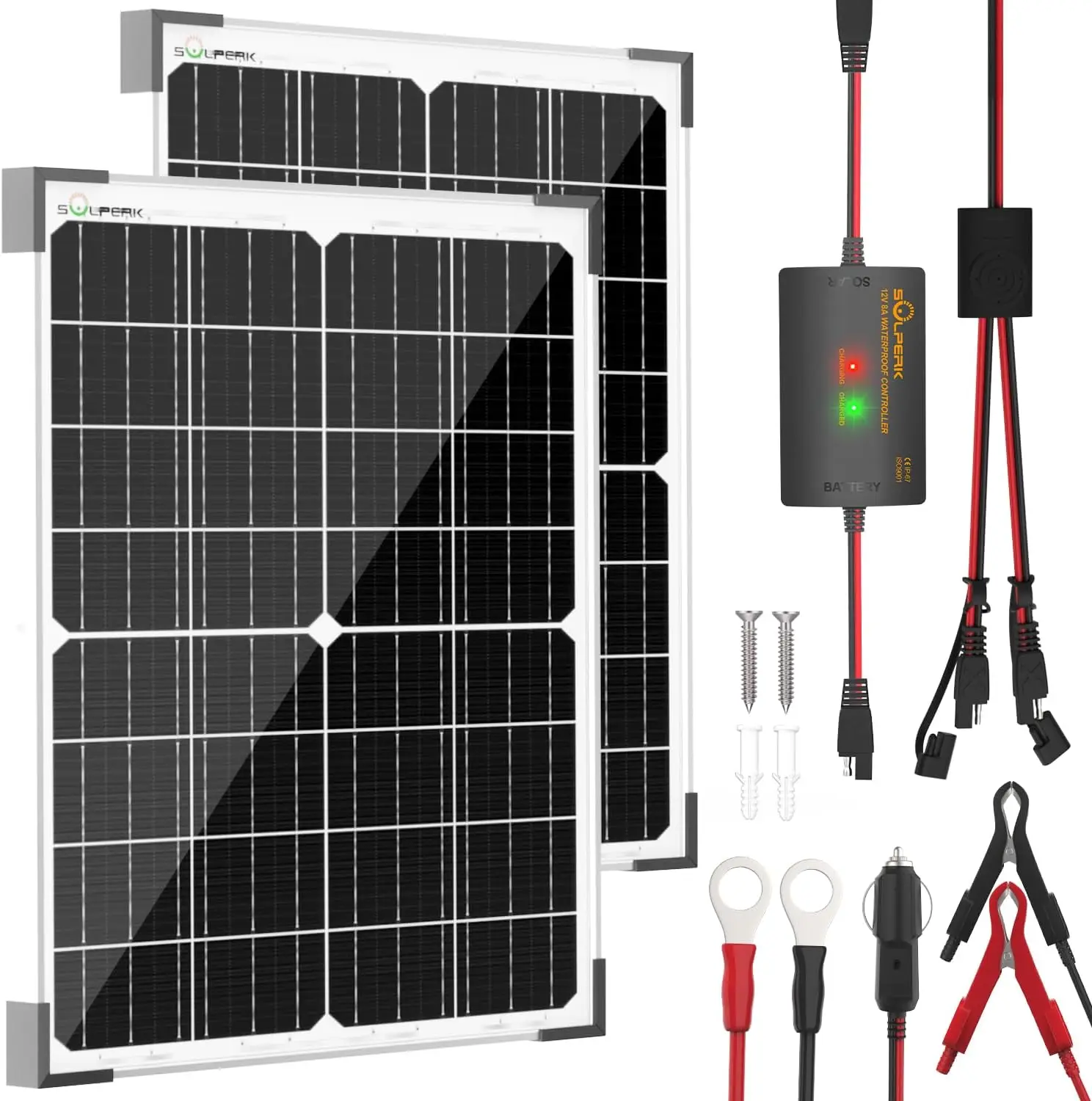 50W Solar Battery Charger,2pcs 25W Solar Battery Maintainer+Waterproof 8A Controller+Adjustable Mounts for RV, Car, Boat, Marine