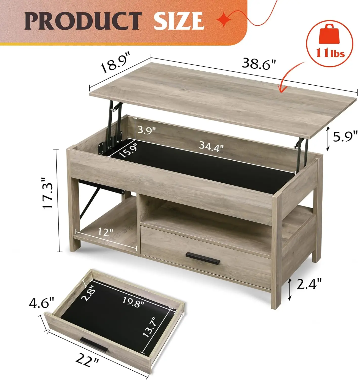 WLIVE-table basse relevable, table basse avec rangement, compartiment GNE et cadre métallique, table centrale pour la salle de séjour