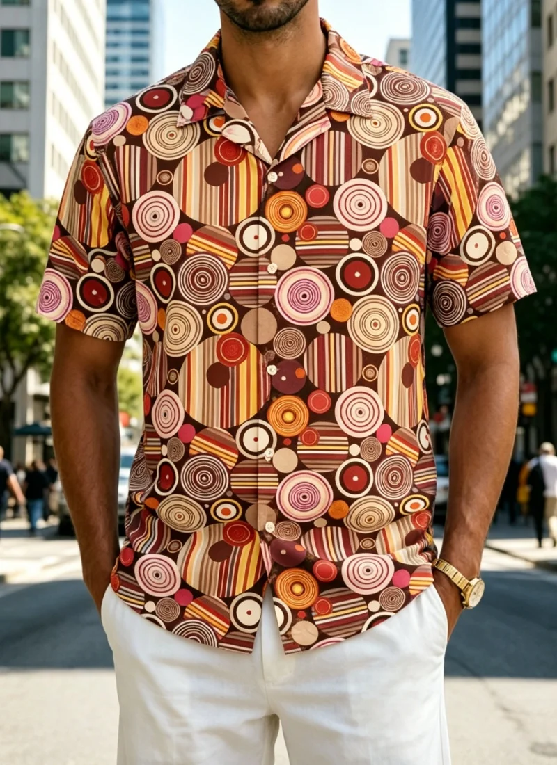 Men's Retro Geometric & Pop Art Print Shirt，for Casual City Strolls, Vintage Markets, Coffee Dates and Laid-Back Weekend Plans