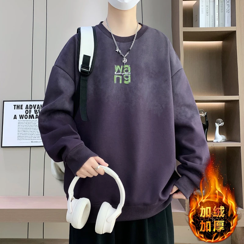 

Осень 202, мужская бархатная толстовка, корейская версия, свободная бархатная рубашка с круглым вырезом и длинными рукавами с буквенным принтом для пар