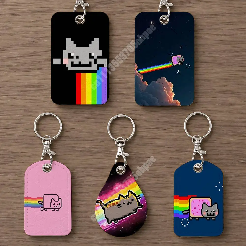 N-Nyan Rainbow Flying Cat Memes Leather Keychain Card Holder for Airtag & Luggage Tags Casual Tracker Cover