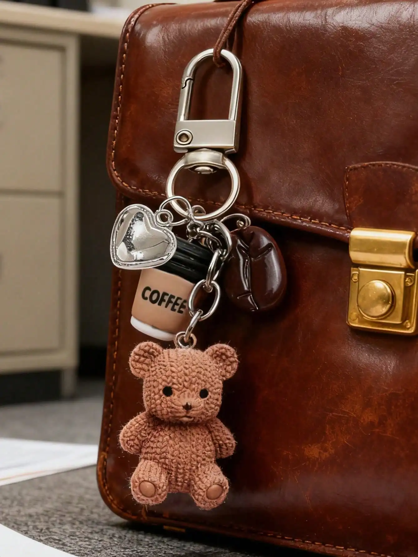 Cute Coffee Teddy Bear Keychain Bag Accessory