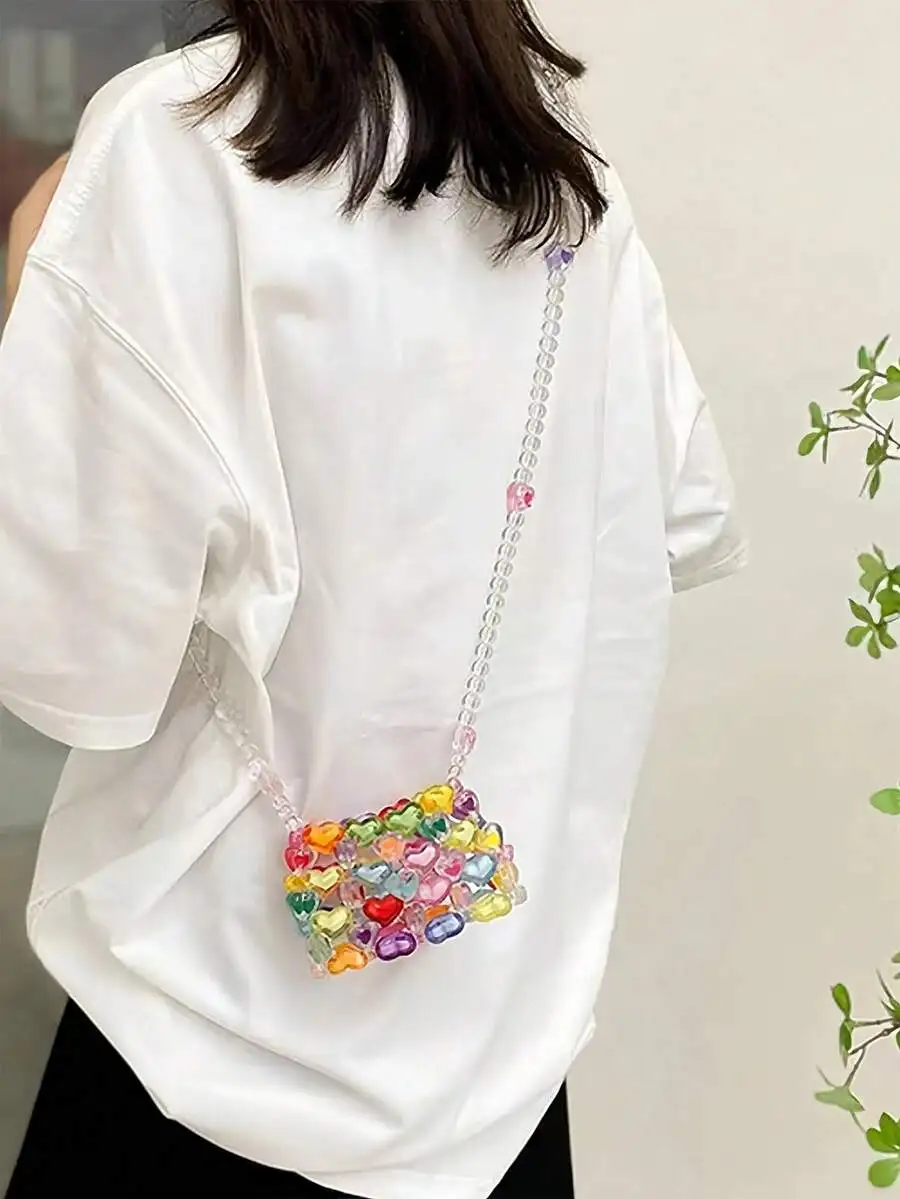 

Colorful Heart Bead Embellished Transparent Chain Shoulder Bag For Women Festival And Valentine’s Day Use