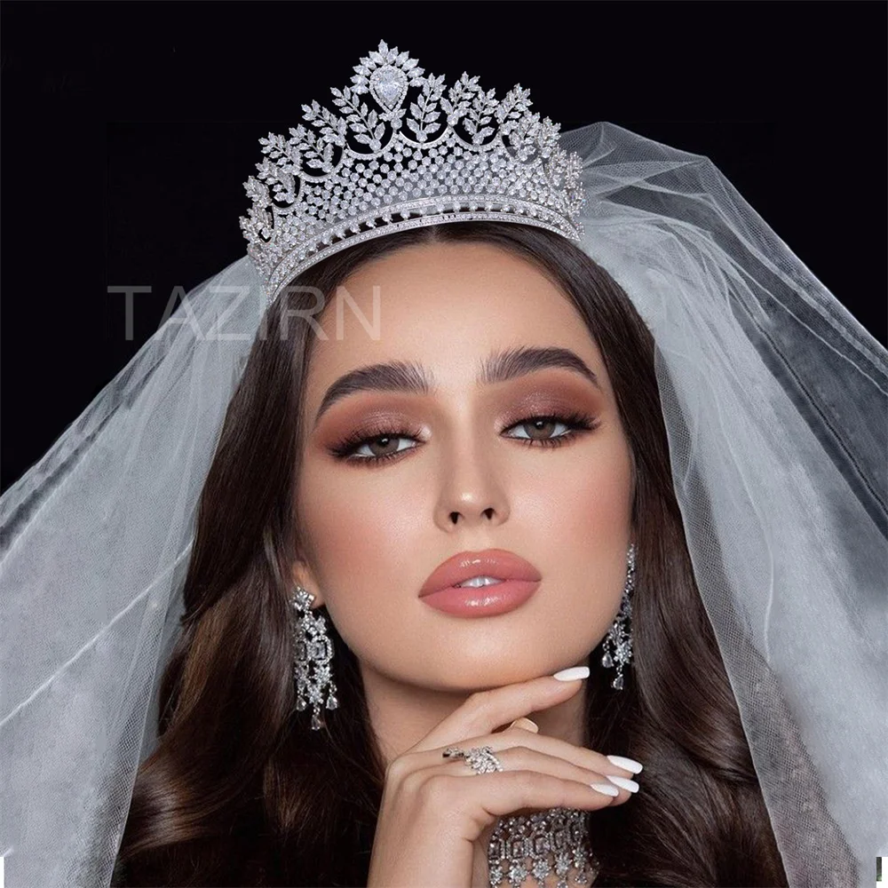 TAZIRN 5A Cubic Zirconia Wedding Bridal Big Crowns and Tiaras Luxury Handmade CZ Queen Princess Large Headwear Accessories Gifts