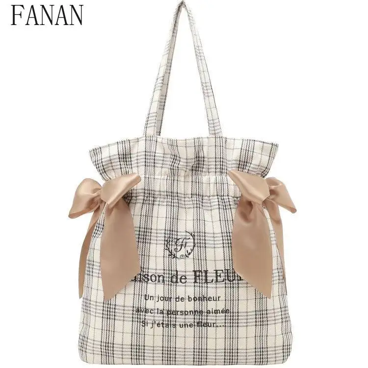 Portable Shoulder Bag Autumn and Winter Checkered Cute Girl's Handbags Double Bow Casual Hand Bag Fashion Tote Bags for Women