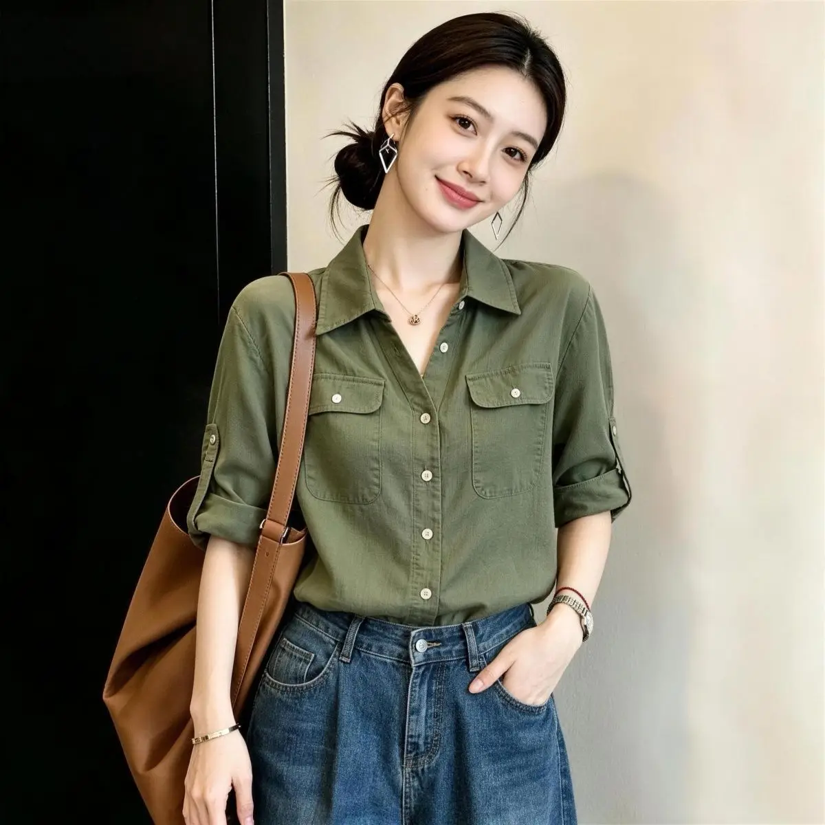 Loose Women's Shirt Green Military Style Seven Sleeve Double Pocket Belly Covering Autumn Summer Fashion Ladies' Premium Clot...