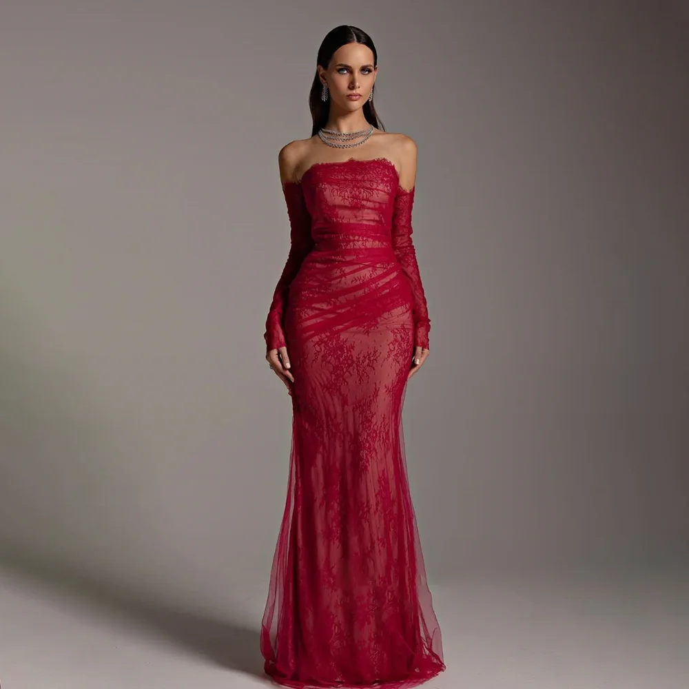 Vestidos de fiesta de encaje elegantes para mujer, elegantes apliques plisados, vestidos de fiesta de sirena, corsé trasero a la moda, vestidos de noche hasta el suelo