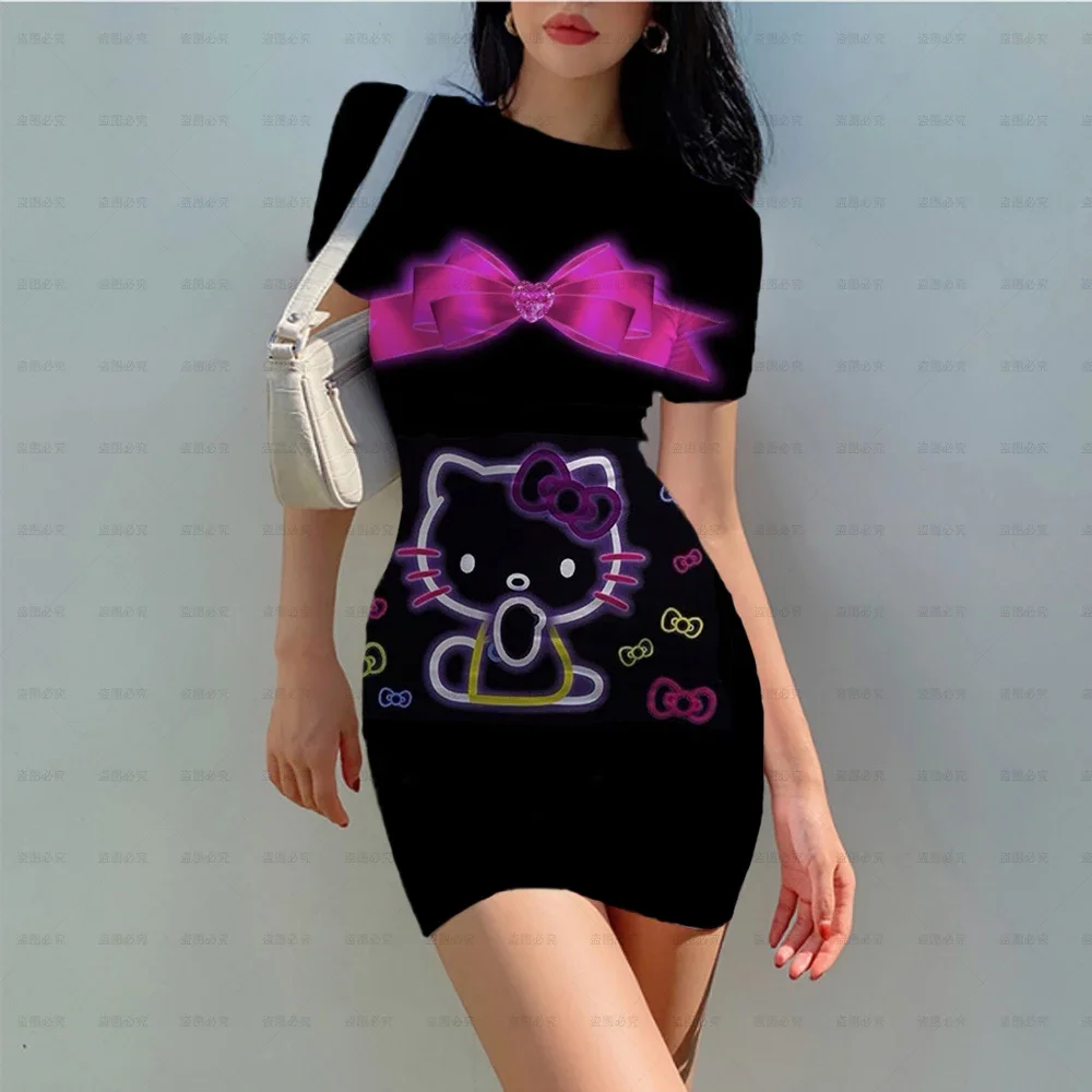 Hello Kitty 3d Bodycon Mini Jurken Voor Vrouwen Korte Mouw O-Hals Jurk Sexy Dames Nachtclub Dragen Slanke Jurken Mode Roze