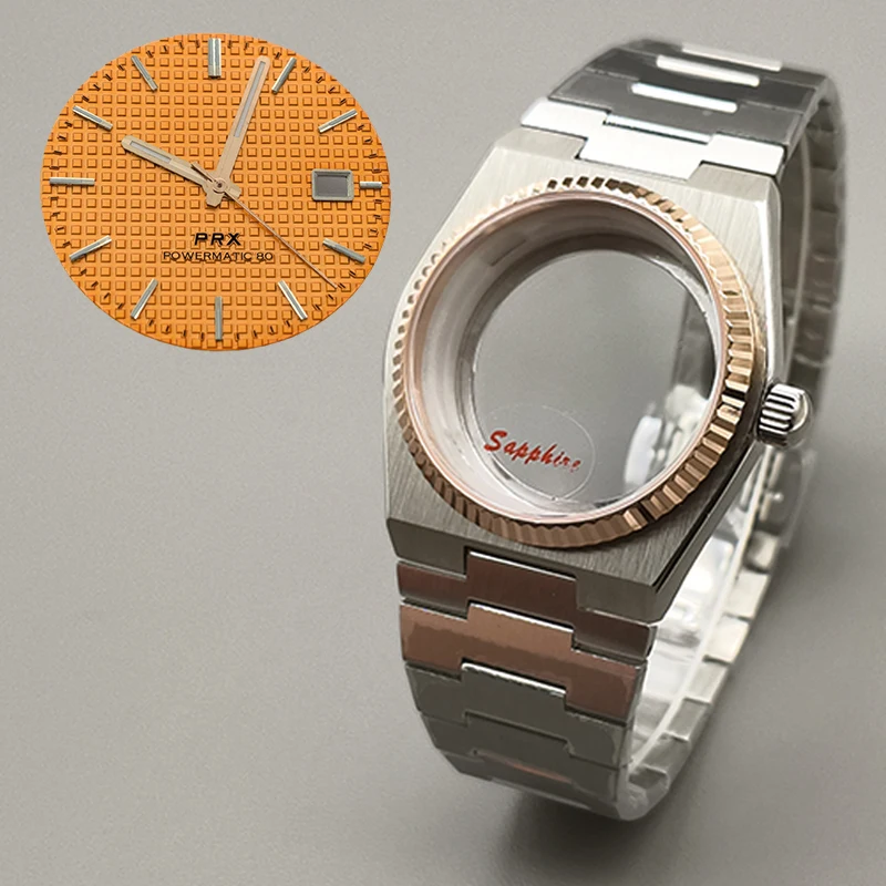 Cassa dell'ingranaggio dell'orologio Super Player PRX da 40 mm in oro rosa adatta al movimento 7S26 NH35 NH36 NH38 4R Vetro zaffiro Quadrante multicolore Parti delle lancette