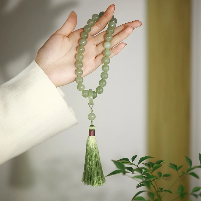 Green Jade Stone 12mm Beads Tassel Bracelet Necklace Tibetan Buddhist Mala Buddha Charm Rosary Yoga Men Woman Jewelry