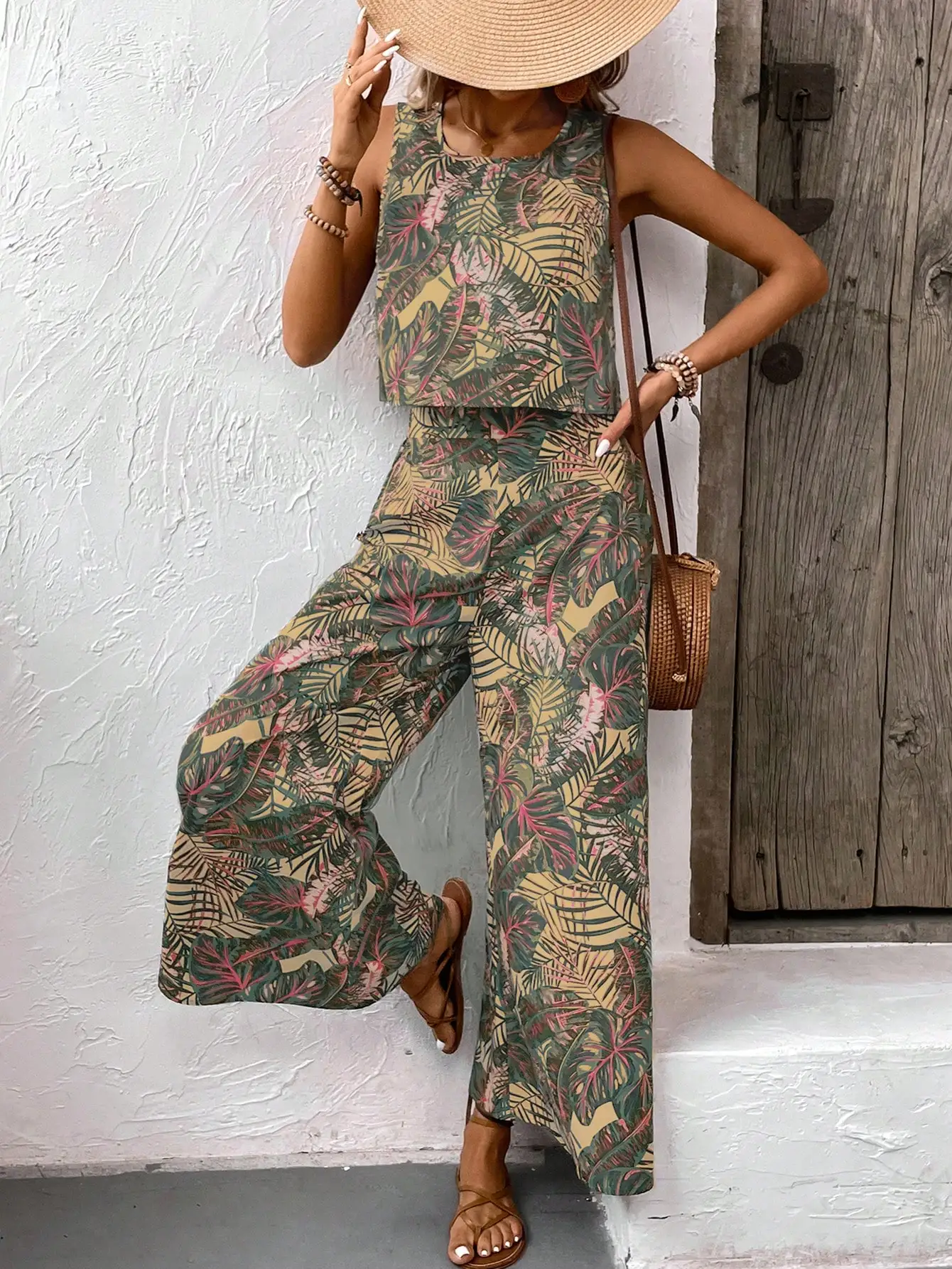 Bohemian Vintage Print Crop Top And Wide Leg Pants Women 2 Piece Set Casual Vacation Beach Outfit
