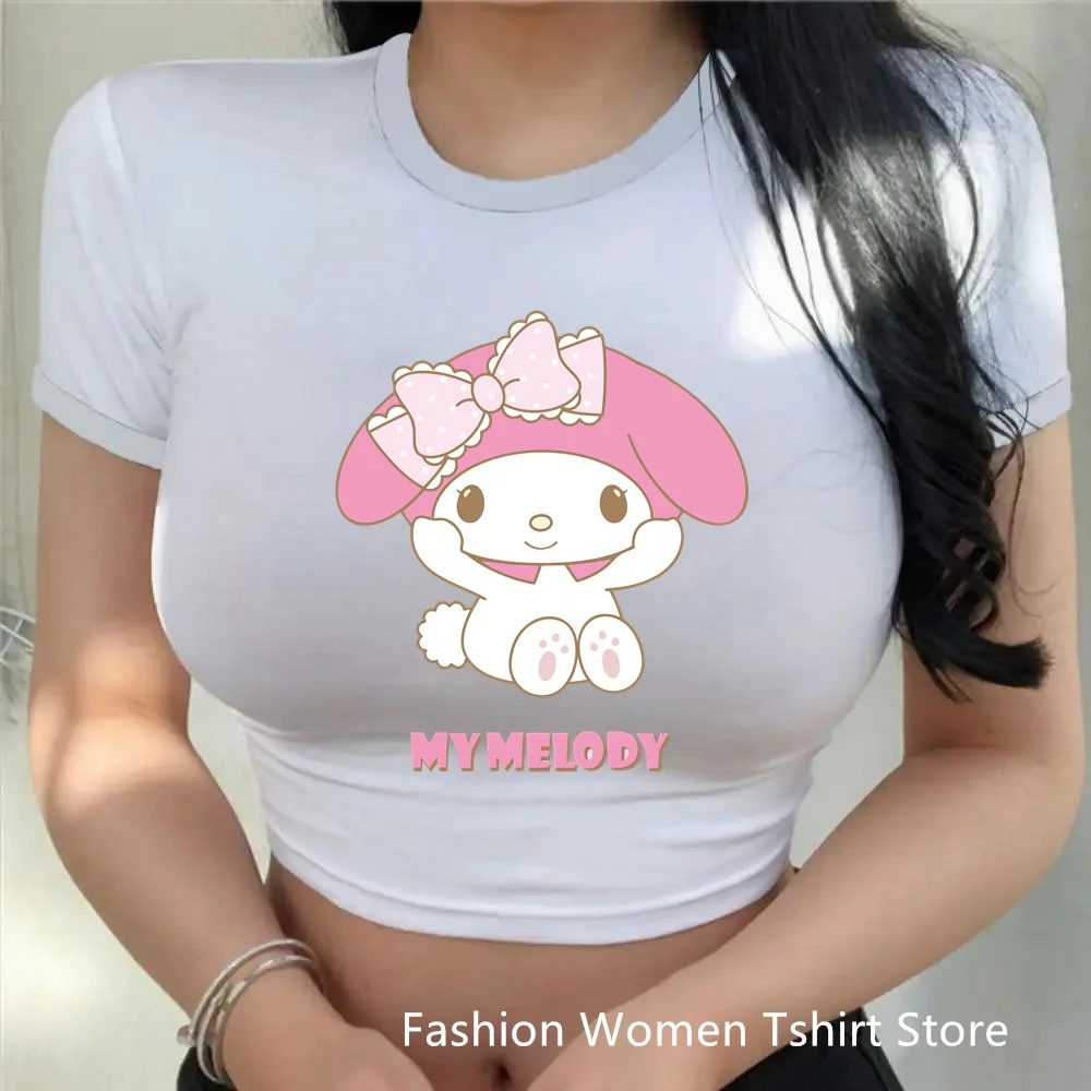 Fashion My melody Women's Sexy T-shirt Kawaii Print Female Clothing Cartoon Y2k Party Summer Crop Top Slim Fit T Shirt