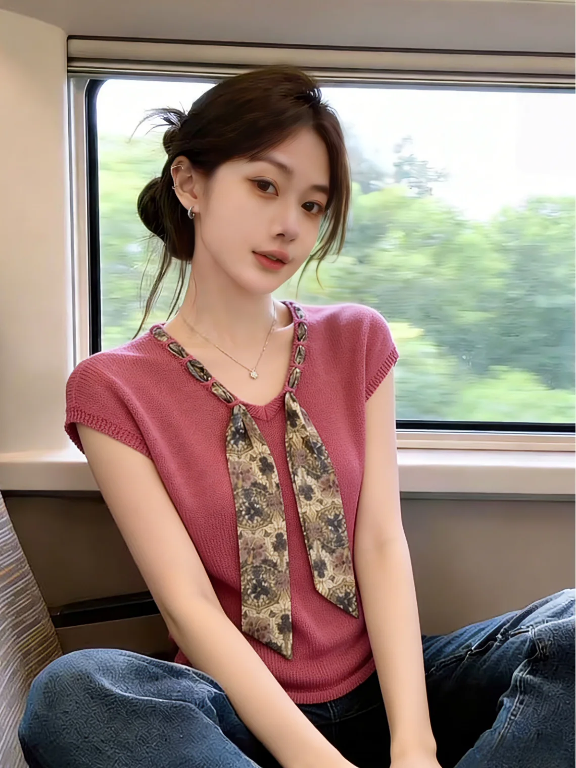 Raspberry Pink V-neck Knitwear Women's Summer Unique Beautiful Slimming Top Self-retention Style Fly Sleeve Silk Scarf