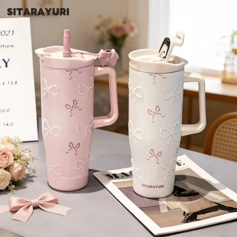 SITARAYURI 1200ML Thermosbecher Edelstahl Isolierbecher mit Perlendekoration Vakuumflasche mit Schleifenverschluss und Henkel Geschenke