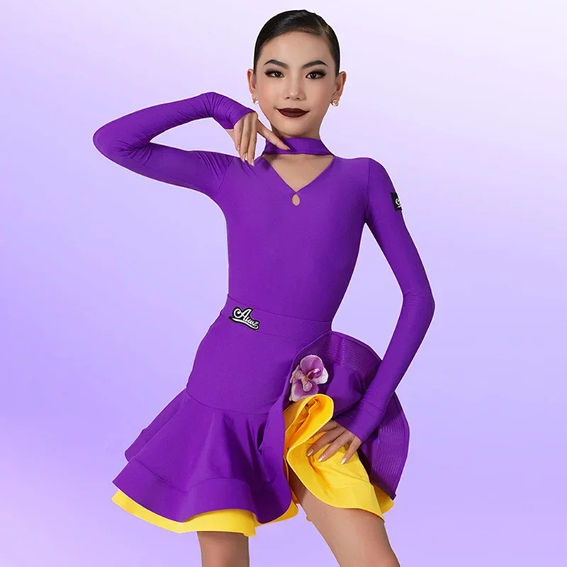 

Purple Long Sleeves Rumba Ballroom Dance Costume Kids Cha Cha Practice Clothing Girls Latin Dance Competition Dress