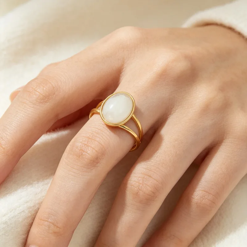 KALEN Stainless Steel Women Oval Stone Ring Elegant Gold Plated Split Shank Hollow Vintage Lady Fashion Open Ring Jewelry