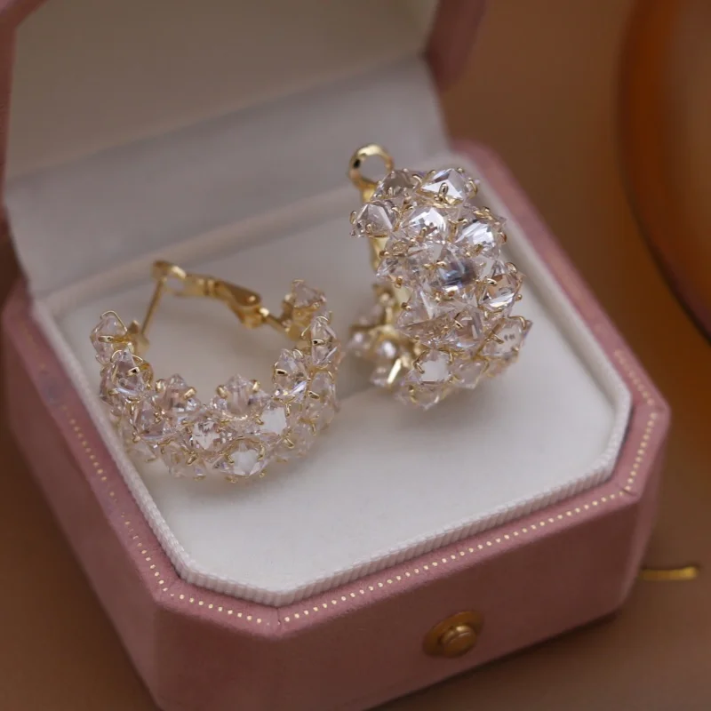 2025 Korean new design fashion jewelry 14K gold plated luxury zircon round earrings elegant women's party shiny accessories