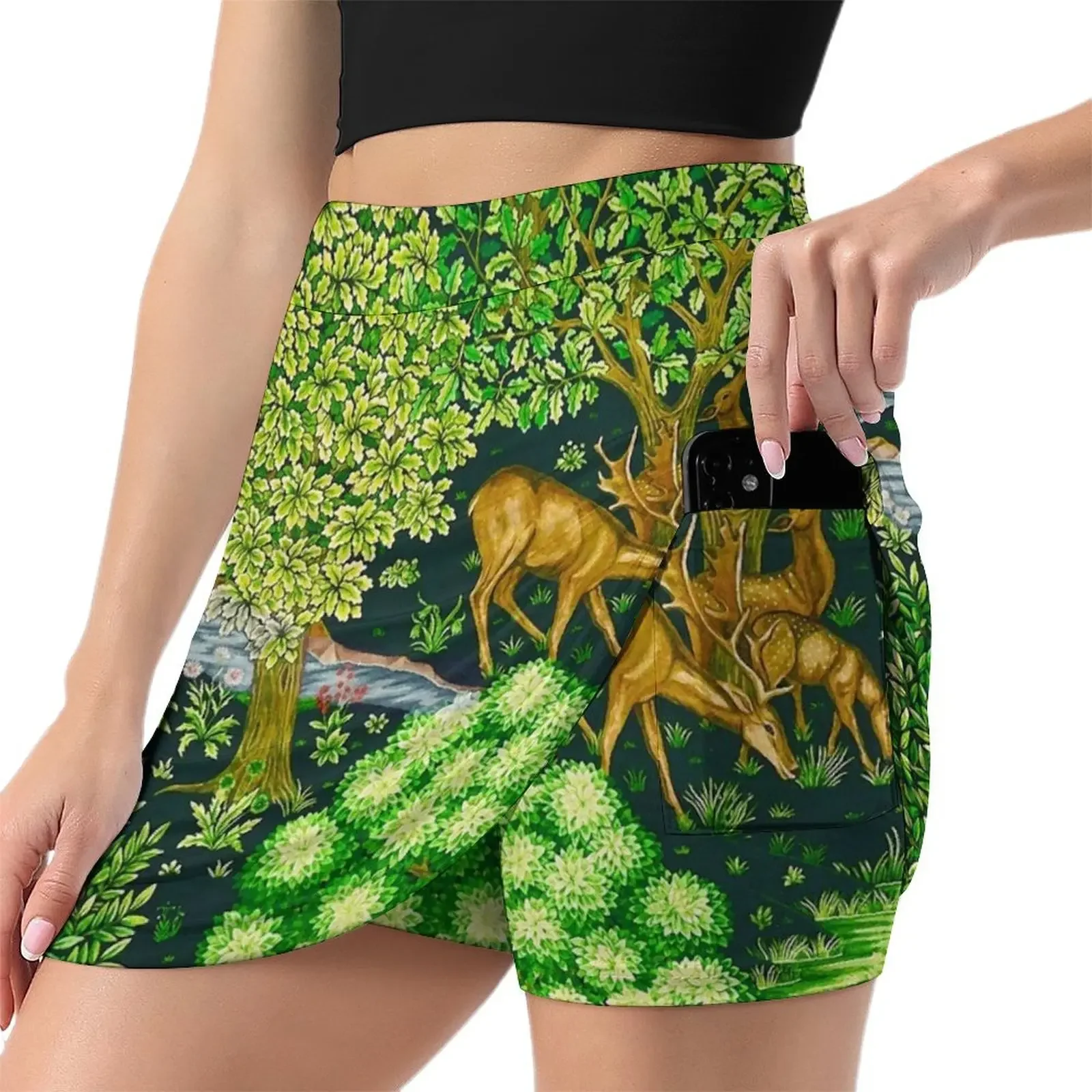 FOREST ANIMALS, DEERS BY A BROOK Green Floral Mini Skirt korean style skirt Short skirt woman