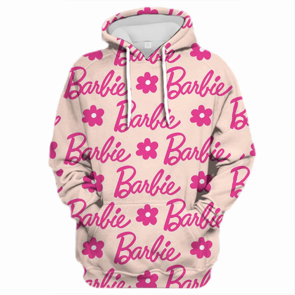 2024 years cartoon cute pink barbie princess elements spring and autumn new 3d print hoodie with rope ladies girls plus size top