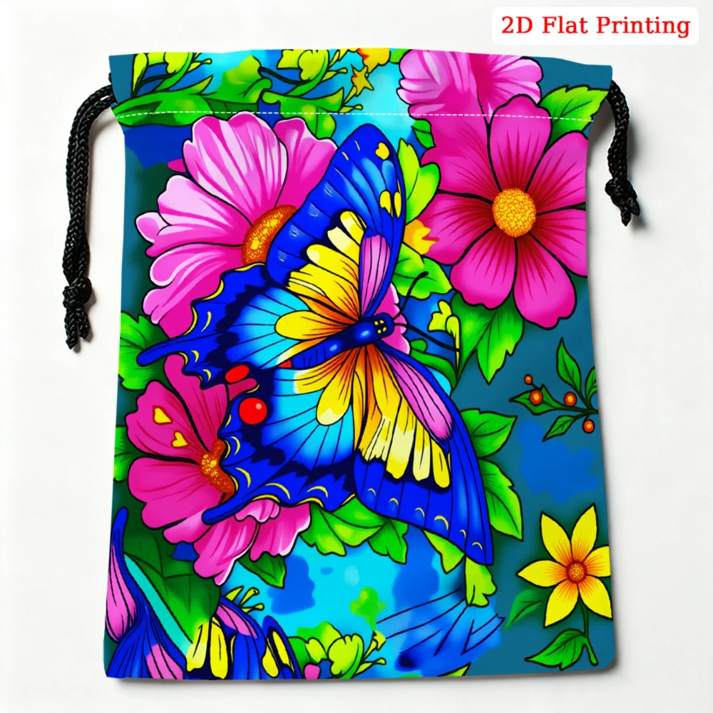 1pc Fashion Drawstring Bag Multicolor Butterfly Flower Print Storage Small Pouch Travel Organizer For Women Glasses Cosmetics Po
