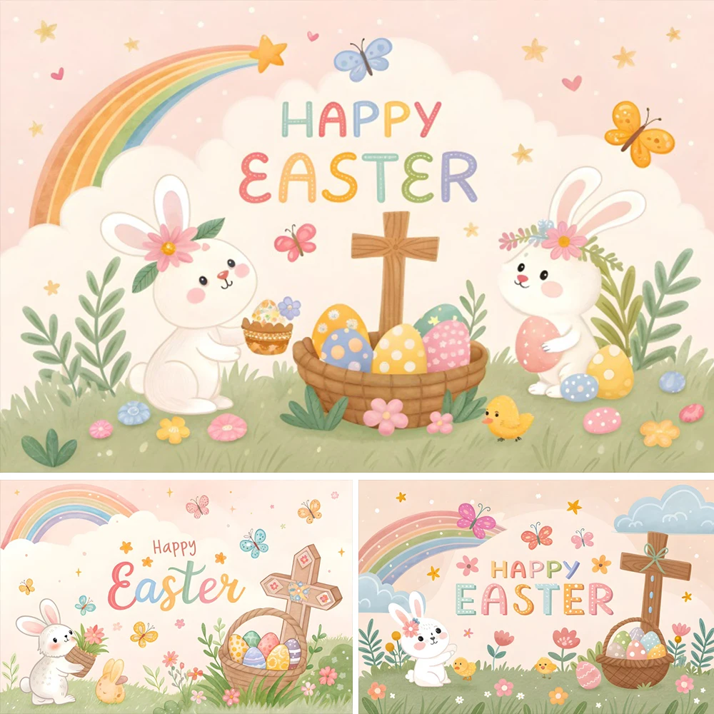 

Happy Easter Day Backdrop Photography Easter Rabbit Rainbow Jesus Cross Religious Background for Spring Party Decoration Banner