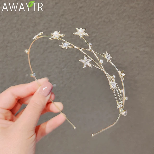 AWAYTR Metal Rhinetone gwiazda serce z kwiatkiem Heaband dla kobiet akcesoria do włosów dwuwarstwowa opaska do włosów w kształcie motyla Hoop Hairbands Party
