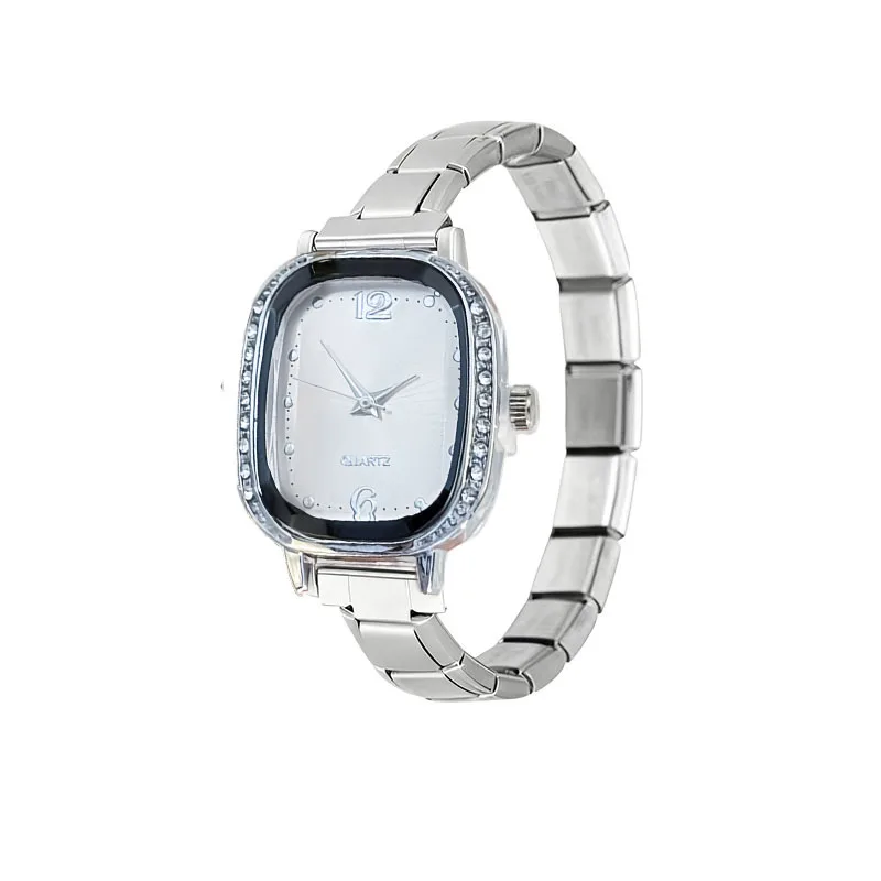 Ins Trend Crystal Bezel Oval Dial Module Watch Polished Stainless Steel Band Simple Daily Student Fashion Quartz Wrist Watch