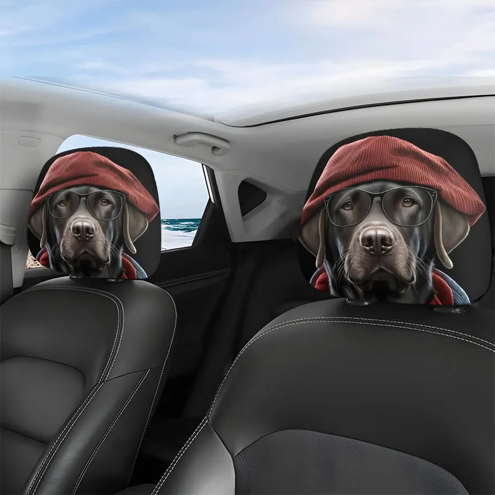 Set of 2 Car Headrest And Protectors Featuring a Labrador Dog Print, Complete with a Hat And Glasses. They Are Designed
