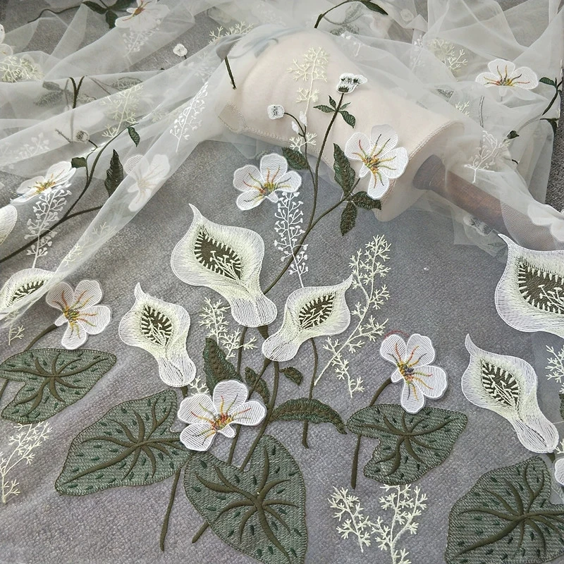 Premium Calla Lily Embroidery Mesh Gauze Tulle Fabric Haute Couture Dress Fabric DIY Skirt, Top, Pajamas, children's Fabric