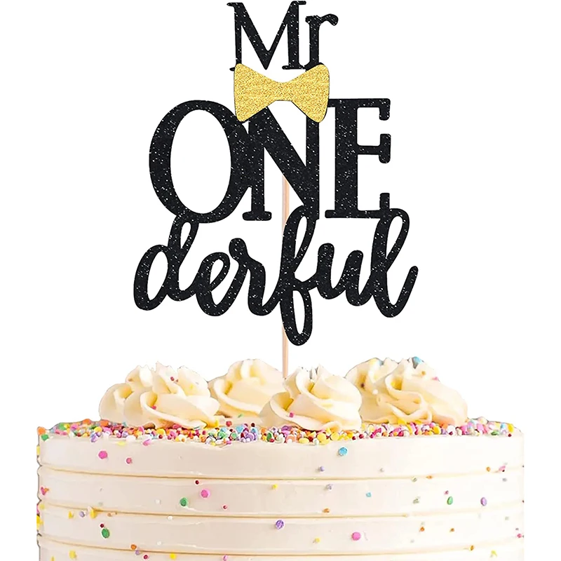 Mr Onederful Cake Topper-Black Glitter Baby Boy Bow Tie First Birthday Party Cake Decoration , Baby Shower Gender Reveal Party