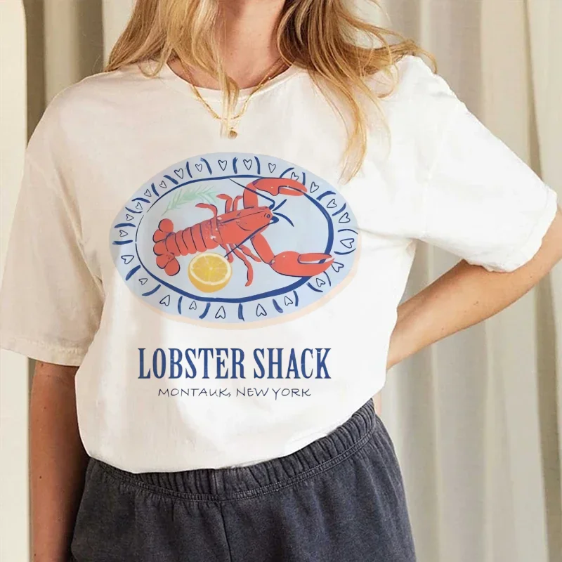

T-Shirt Harajuku Cute Women's Short Sleeve Seafood Crayfish Pattern Printed Round Neck Women's Clothing Cartoon Style T-Shirt