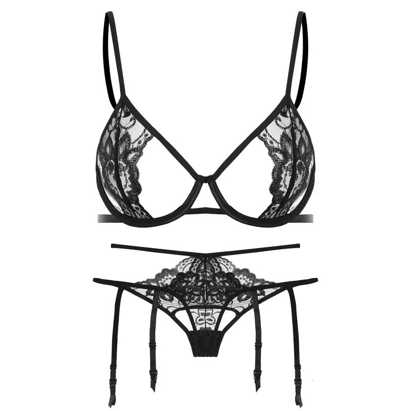 Women Sexy Lace See Through Bra Thong Underwear Set Ultra Thin Underwire Bra and Panty Lingerie Suspenders Sweet Intimates 2024