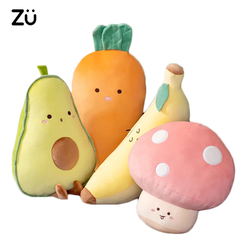 ZU Cute Vegetables Mushroom Carrot and Fruits Banana Avocado Plush Toys Kawaii Stuffed Plushies Throw Pillows Soft Kid Girl Gift