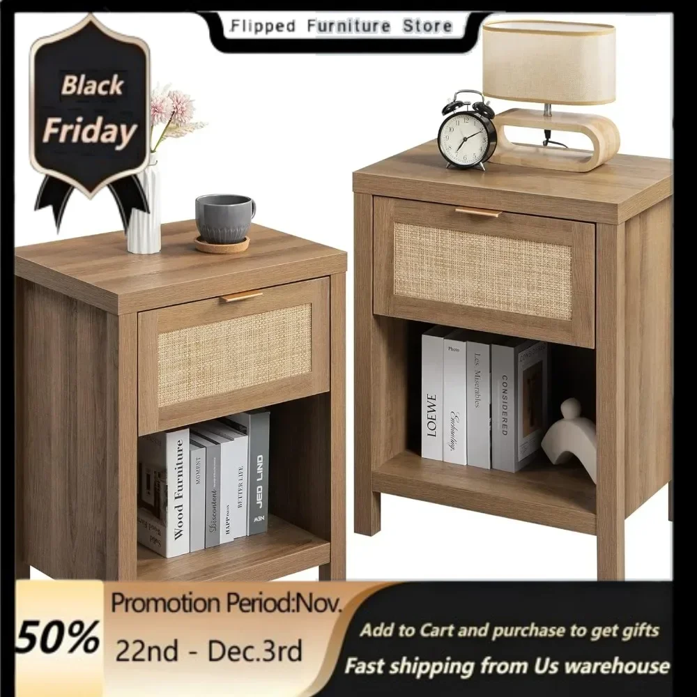 

Nightstands.Rattan Nightstand Set of2-Farmhouse Night Stand with Drawer and Storage Shelf-Boho Bedside Table End TableSide Table