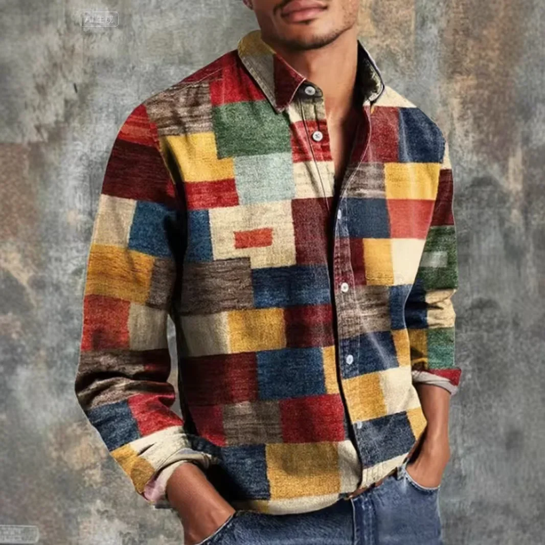 Vintage 3D Flower Printed Pattern Shirt Men's Long Sleeve Button Collar Casual Shirt Autumn Fashion Men's Street Outdoor Shirt