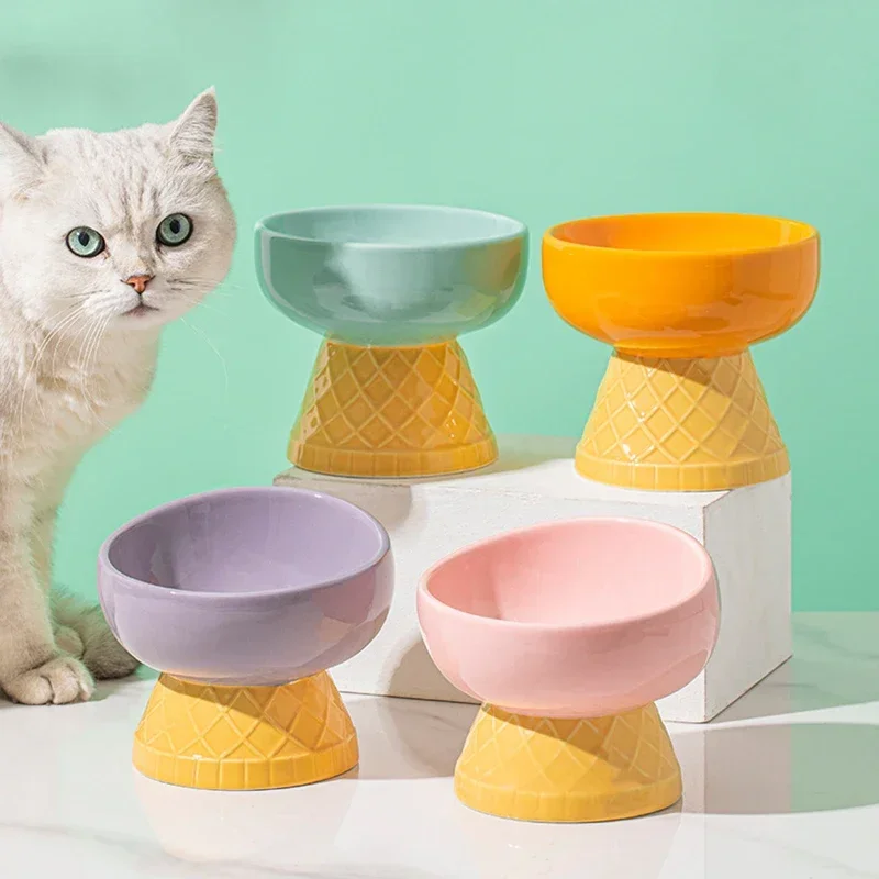 Cat Cute Ceramic Bowl Ice Cream Shape Puppy Dogs Food Water Feeders Elevated Raised Pet Tilted Drinking Eating Accessories