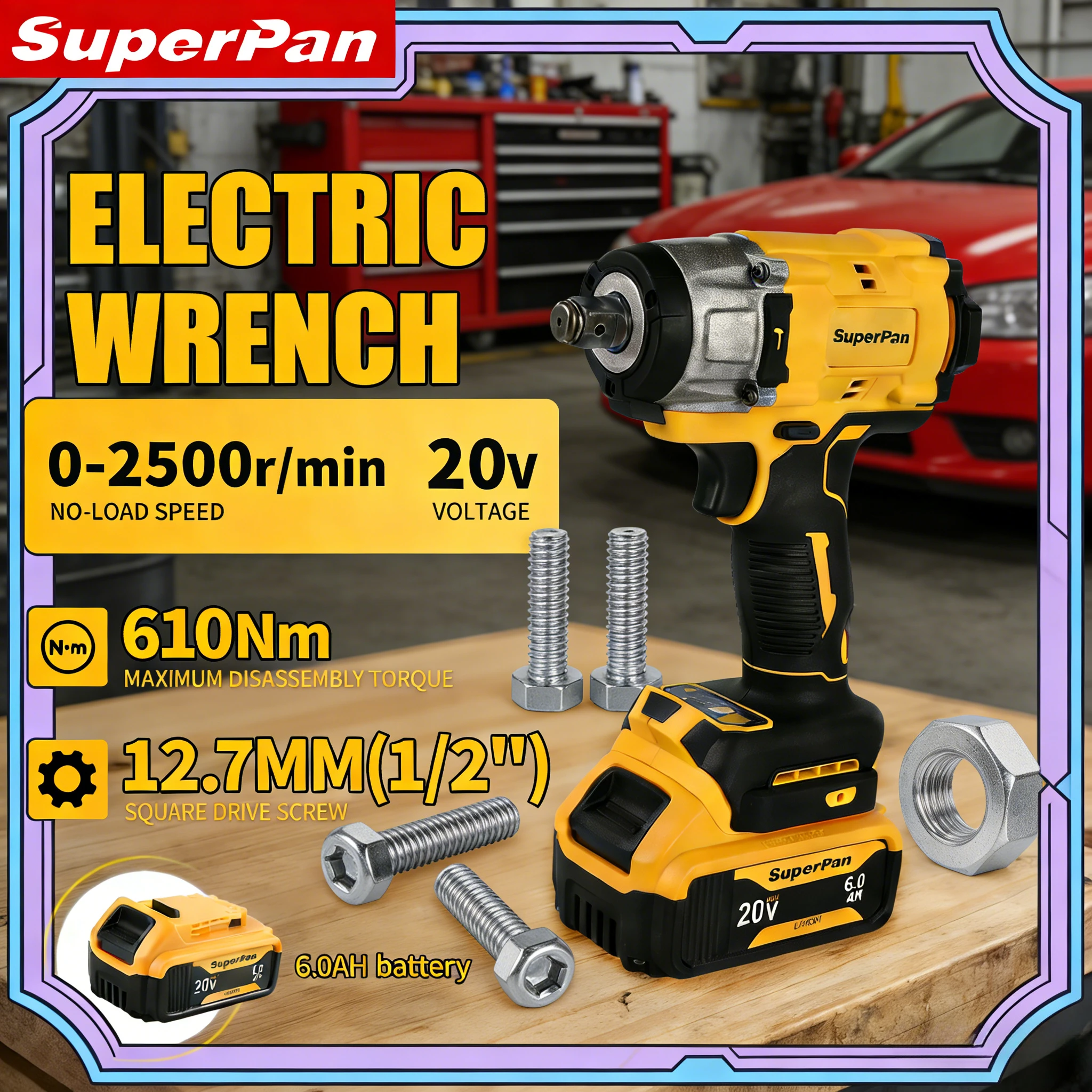 

Ударный гайковерт SuperPan SP922, 406 Н·м, с эргономичной рукояткой, для автосервиса, гаражных работ и сборки, совместим с аккумулятором DeWalt 20В.