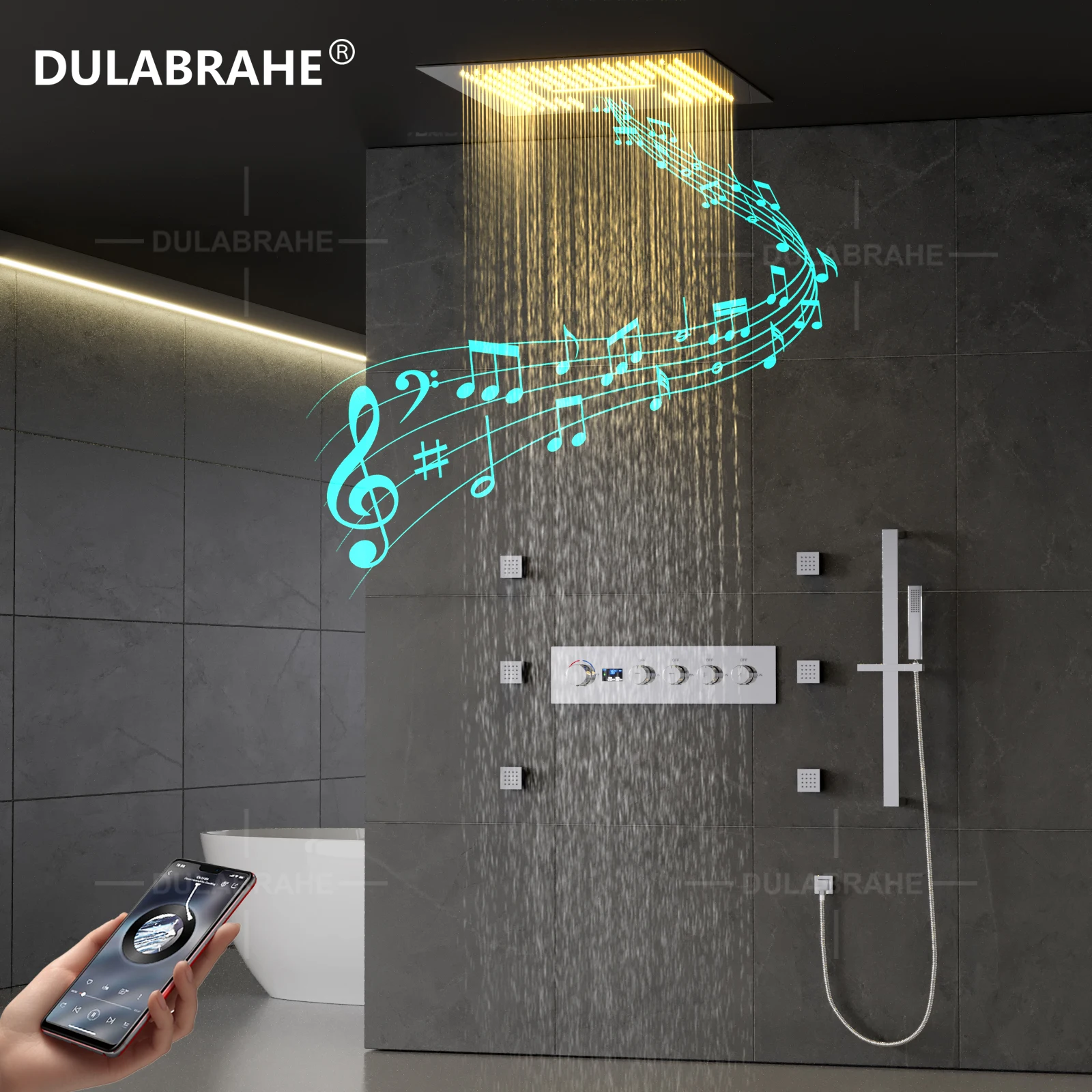 Ceiling Embedded Chrome 16 Inch LED Rain&Waterfall Shower Head with Music Speaker Cold and Hot Digital Display Shower Faucet