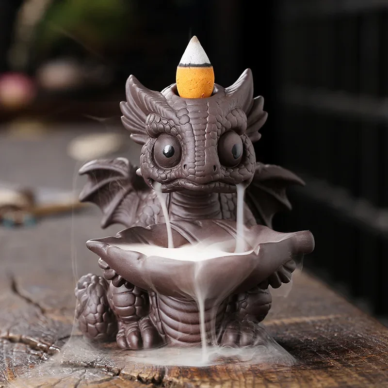 

1pc Creative Cute Dinosaur Handicrafts Waterfall Backflow Incense Burner Purple Clay Dragon Censer - Without Incense