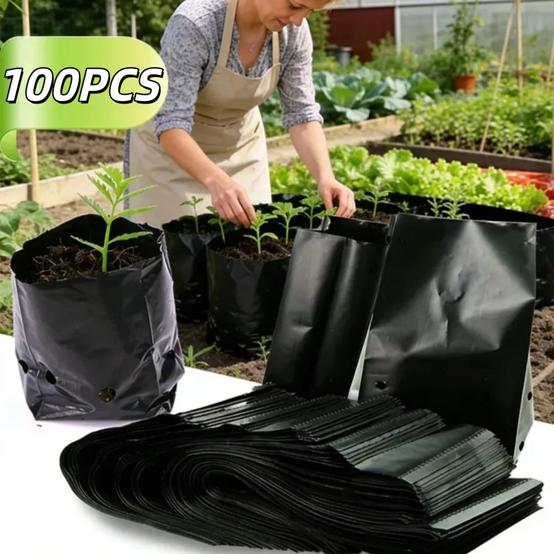 100PCS Black Greenhouse  Plastic Seedling Bags Growing with Holes for Garden Plant Nursery Germination Nutrition Nursery Plant