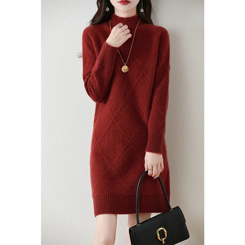 

2024 new autumn and winter, women's short dress, casual, fashionable, popular, half turtleneck, wool knitted skirt