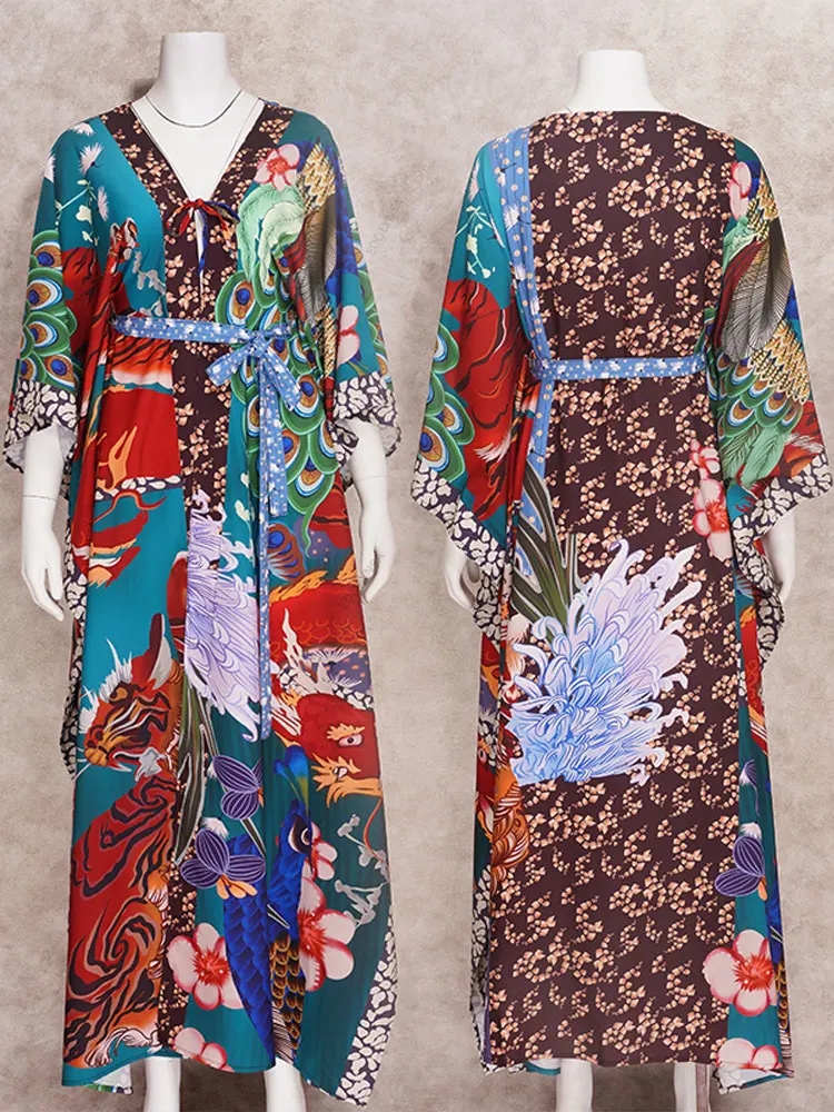 2023 jesień artystyczny nadruk długi, z paskiem tunika Kimono Vintage ubranie Plus Size dla kobiet rękaw w kształcie skrzydła nietoperza Maxi