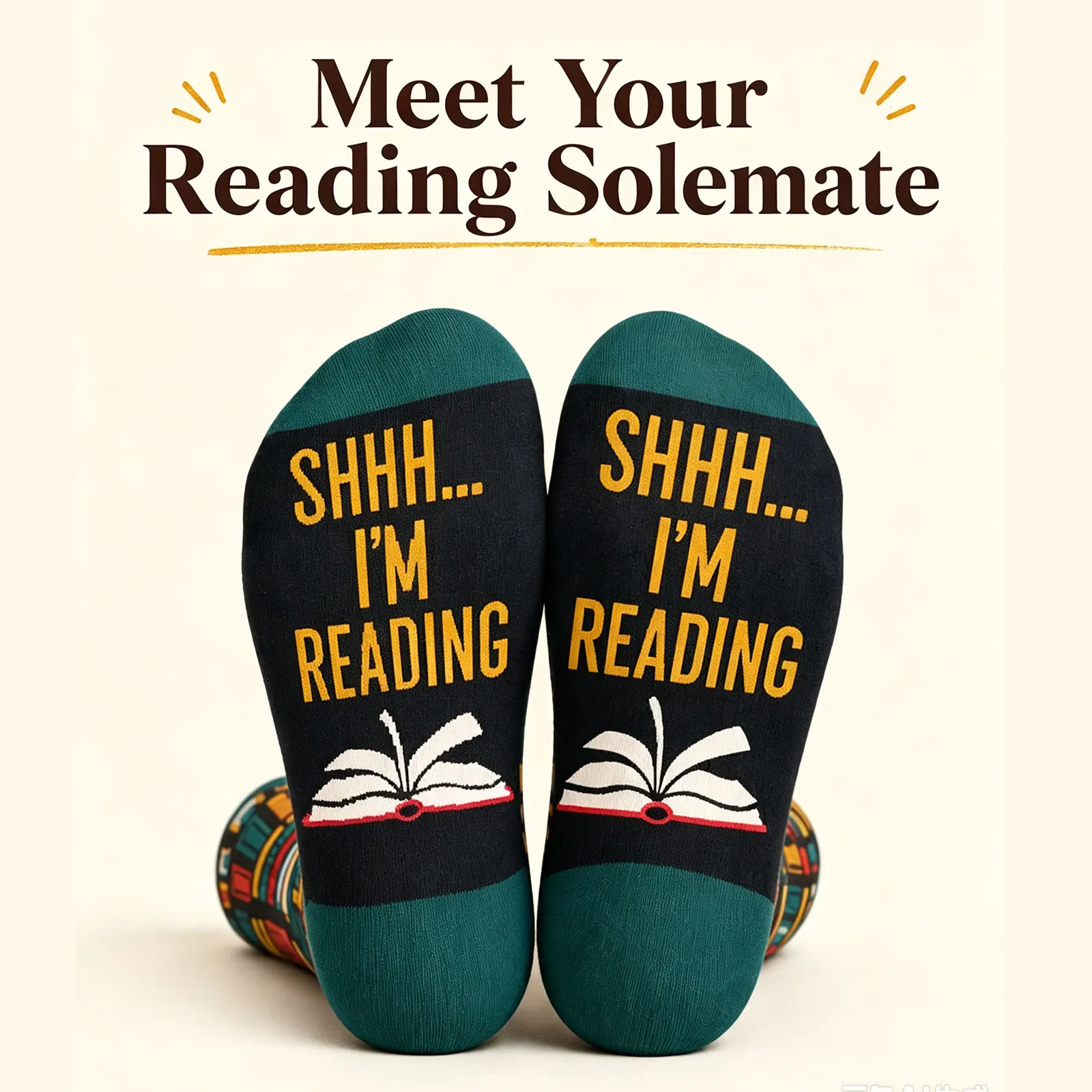 1pair Book Lover Socks Shhh Im Reading Novelty Crew Socks Colorful Book Stack Pattern Gift for Bookworm Readers