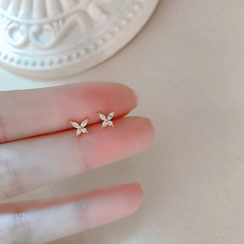 Cute Sweet Mini 925 Sterling Silver Full Zircon Butterfly Stud Earrings for Woman Girl Korean Jewelry Accessories Gift Wholesale
