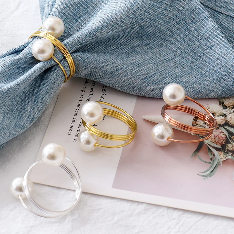12-2PCS Metal Napkin Ring Imitation Pearls Napkin Buckle Napkin Holders For Wedding Christmas Banquet Home Dining Table Decors